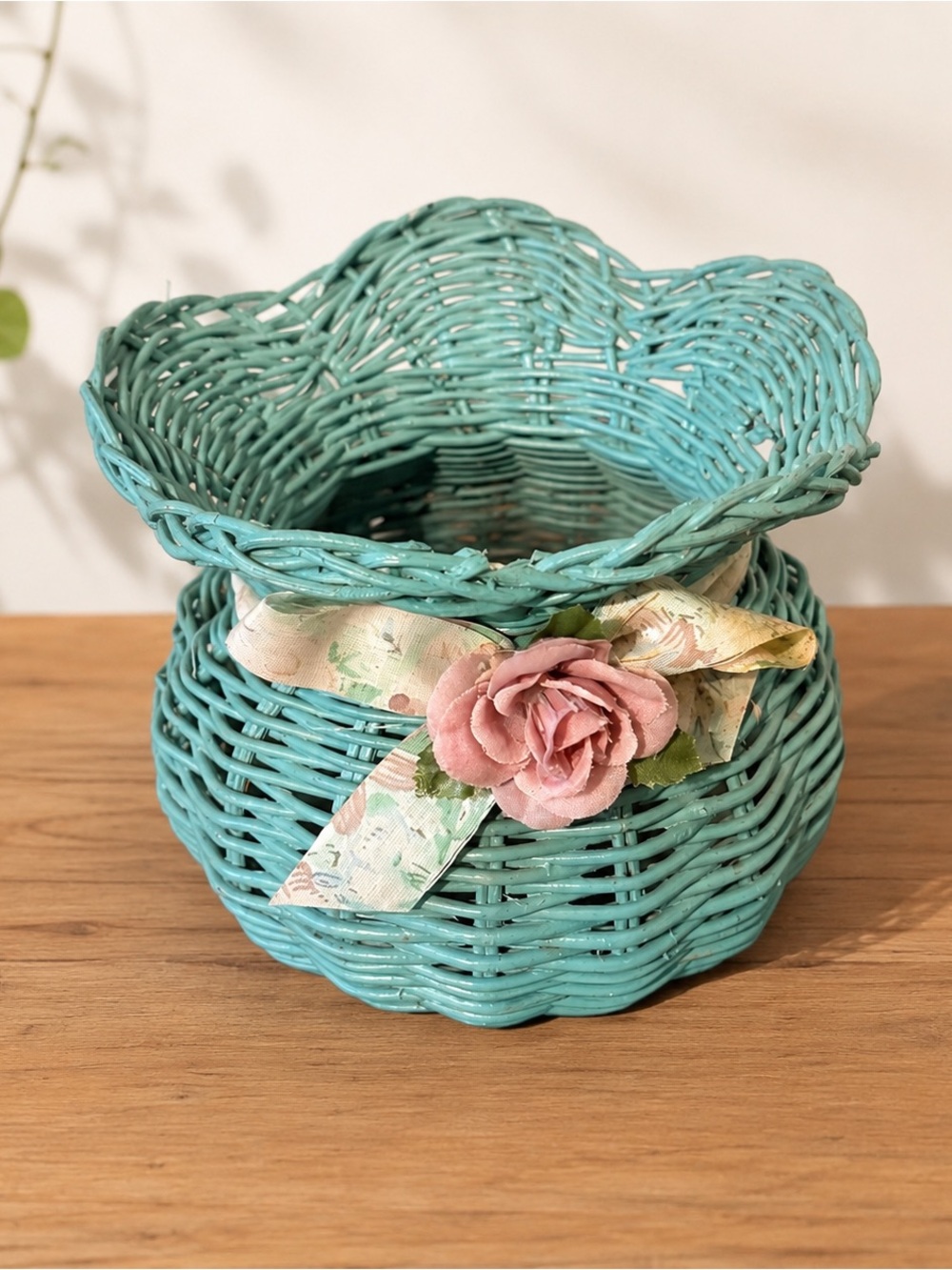 Aqua Blue Wicker Basket Pink Rose Floral Bow Cottagecore Decor